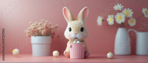 Fototapeta Cute Animated Bunny with a Bowl of Eggs