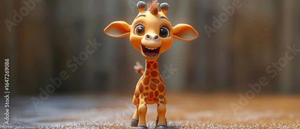 Fototapeta Happy 3D giraffe character with a big, expressive smile, charming cartoon baby giraffe