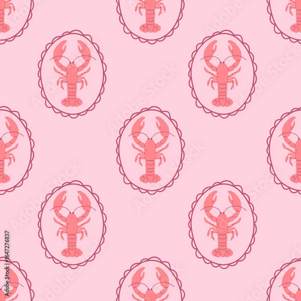 Fototapeta Seamless Marine Pattern with Lobsters in Frames. Hand drawn vector illustration on light pink background