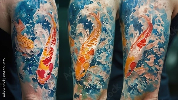 Fototapeta A vibrant tattoo of koi fish in a watercolor style.