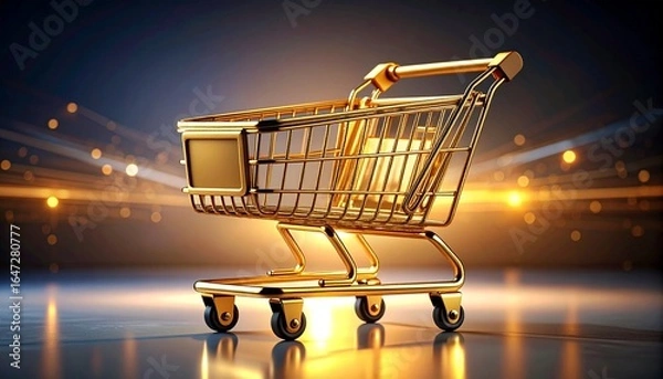 Obraz An elegant golden shopping cart shines with a glowing effect against a backdrop of colorful, high-speed motion blur.