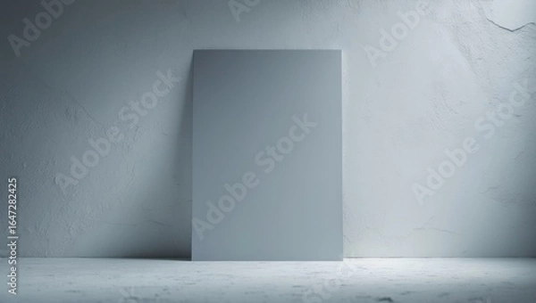 Fototapeta A blank white canvas or panel placed against a textured wall in a minimalistic setting.