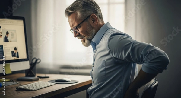 Fototapeta An older man is hunched over in pain, clutching his lower back, at his office desk. This image evokes the struggle against physical distress