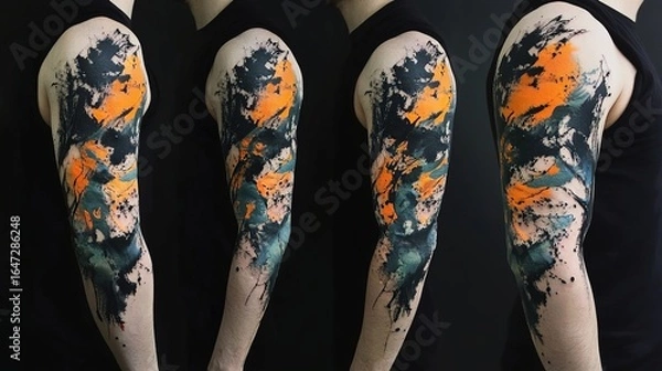 Fototapeta Abstract tattoo sleeve with dynamic splashes and shapes.