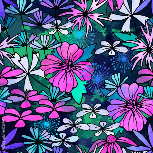 Obraz Wild different flowers. Summer meadow. Seamless vector pattern.Графика и иллюстрации