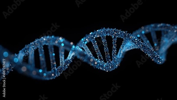 Fototapeta Illuminated DNA Strand with Bokeh Effect Against a Black Background