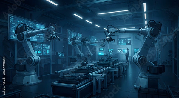 Fototapeta Robotic Arms Working on Production Line in Futuristic Blue Factory