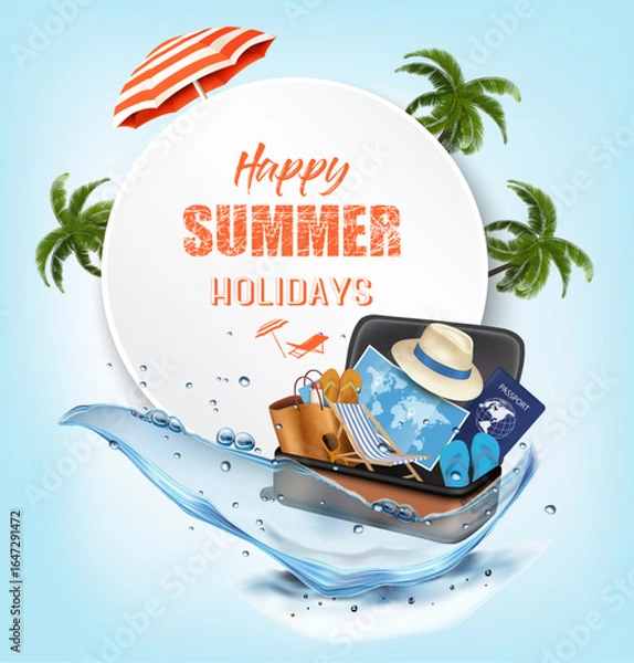 Fototapeta Summer vacation holiday background. with Travel items and palm trees on the water splash. Vector.