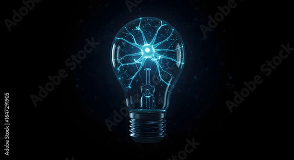 Fototapeta Glowing Lightbulb with Neural Network, Abstract Blue on Black