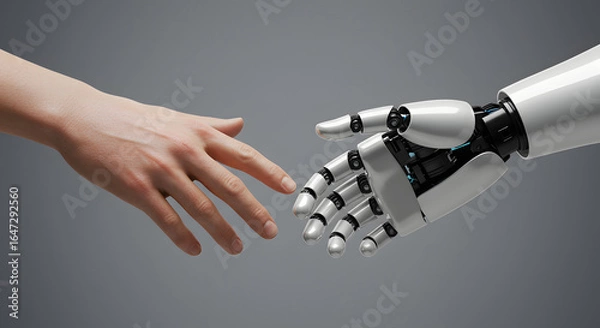 Fototapeta Human and Robot Hand Reaching, White and Gray Technology Concept