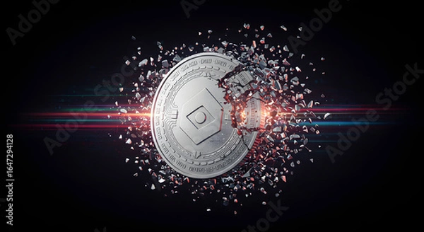 Fototapeta Shattering Silver Coin Exploding on Transparent Background with Light Streaks