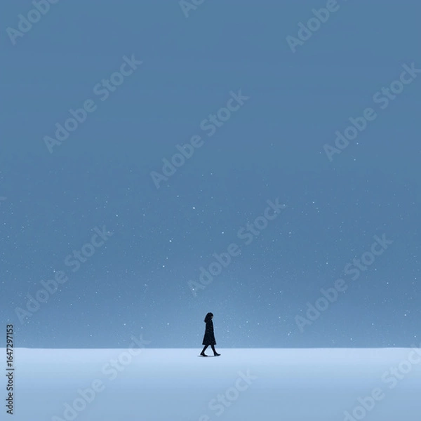 Fototapeta Woman walking in the snow. The image is cold but cozy and minimalist.