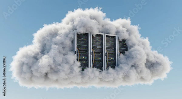 Fototapeta White Server Rack Floating in Fluffy Cloud Against Blue Sky