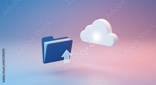 Fototapeta Blue Folder Uploading Data to White Cloud on Gradient Background