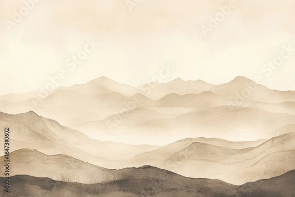 Fototapeta A subdued, earth-toned landscape painting with multiple layers of mountains receding into the distance creating depth and serenity.