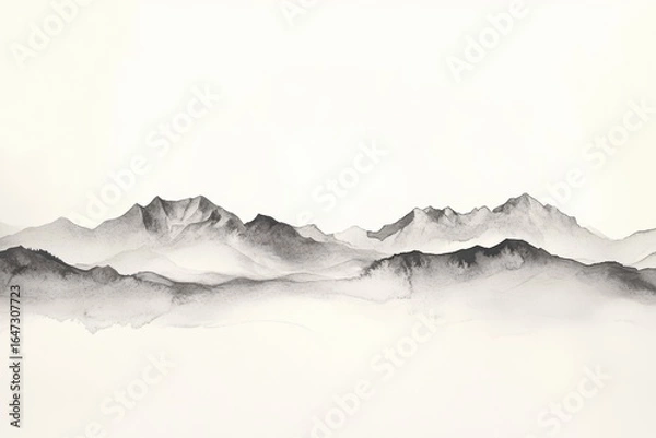 Fototapeta Monochrome Mountainscape: A serene depiction of layered mountains with a foggy, ethereal quality rendered in shades of gray and white.