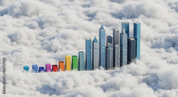 Fototapeta Growing Bar Chart with City Skyline Rising from Soft Clouds