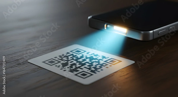 Fototapeta Smartphone Scanning Grey QR Code with Turquoise Light on Dark Brown Table