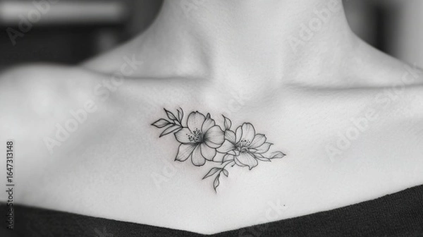 Fototapeta Small flower tattoo on the collarbone in line art.