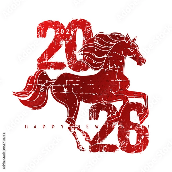 Fototapeta red horse symbol of the 2026 new year with a grunge outline and texture isolated on a white background. inscription with numbers and letters, brutal design. stock vector illustration. EPS 10.