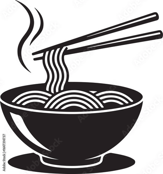 Fototapeta Minimalist Black and White Noodle Bowl Icon with Chopsticks – Flat Vector Illustration for Food and Restaurant Branding