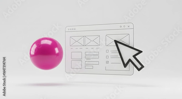 Fototapeta Abstract Pink Sphere with Mockup Website and Black Cursor on White Background
