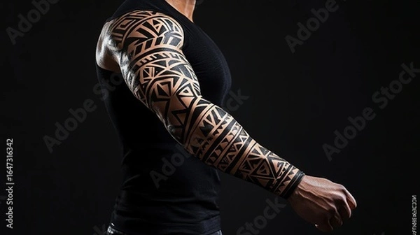 Fototapeta Tribal sleeve design with bold, interconnected patterns.