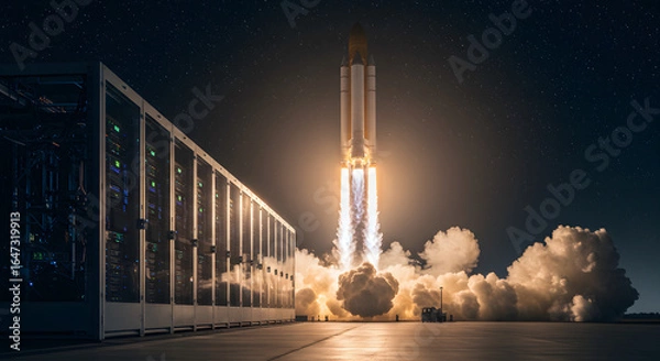 Fototapeta Powerful Rocket Launching near Computer Servers on Concrete Pad at Night