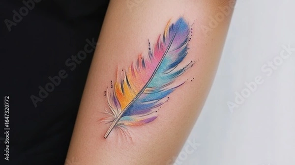 Fototapeta Watercolor feather tattoo with a mix of soft pastels and bold tones.