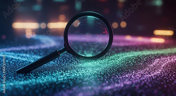 Fototapeta Magnifying Glass on Colorful Particle Surface with Bokeh Lights