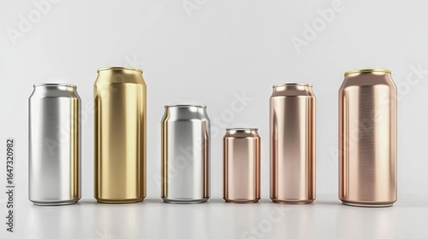 Fototapeta Metallic cans in different sizes arranged symmetrically on a plain white backdrop, perfect for packaging presentations