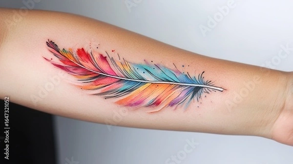 Fototapeta Watercolor feather tattoo with a mix of soft pastels and bold tones.