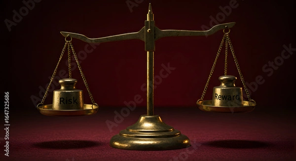Fototapeta Antique Balance Scale Comparing Risk and Reward on Textured Red Surface
