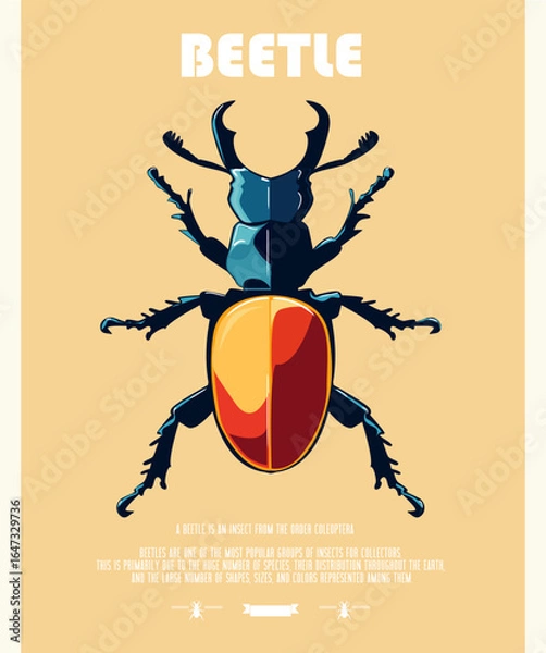 Obraz Vector illustration of a poster beetle, minimalistic design. The image features a bold, colorful beetle with a vibrant red and blue body against a light beige background.