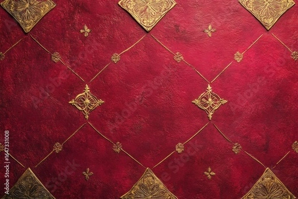 Fototapeta Elegant red and gold textured backdrop featuring ornate geometric designs evokes royalty and grandeur. Excellent for upscale designs.