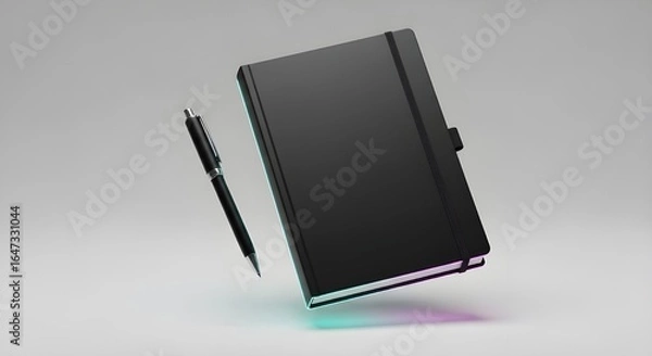Fototapeta “Floating Journal and Pen Mockup – Black Full Block, Minimalist Blank Cover, Neon Gradient Edges, Transparent Background, Premium Stationery Showcase”