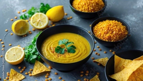 Fototapeta Fresh lemon, cilantro, and lentil soup served with chips and lemon slices, on a dark surface.