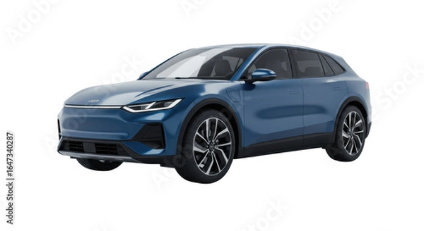 Fototapeta Ultra-modern deep metallic blue electric SUV, sleek and futuristic, dynamically angled in a minimalist high-tech studio with reflective floor. Concept of future transportation