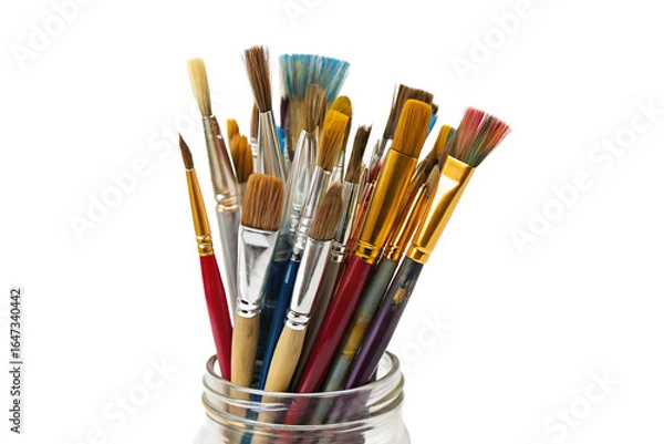 Obraz Variety of artist paintbrushes in a clear jar isolated on black background for creative purposes