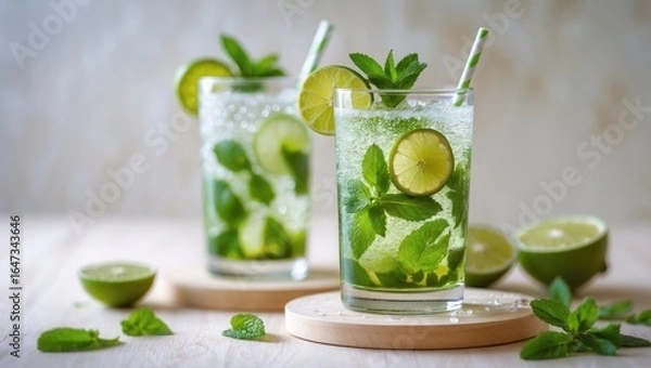 Fototapeta Fresh mint and lime beverage in glasses with straws, garnished with lemon slices and mint leaves, on a light wooden surface with halved lime around.