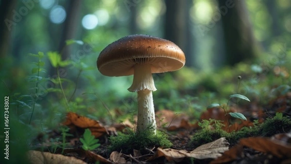 Fototapeta A mushroom growing in a forest with lush green background and fallen leaves.