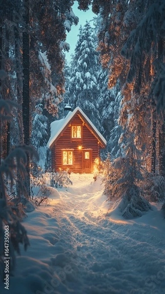 Obraz Winter Cabin in Snowy Forest