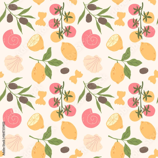 Fototapeta Summer Seamless Pattern with Lemons, Olives, Tomatoes, Pasta, and Seashells. Hand Drawn Vector Illustration on Light Background