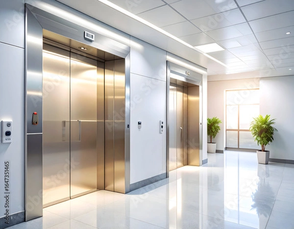 Fototapeta Modern elevator lobby with polished floors and bright lighting