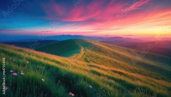 Fototapeta Vivid sunset over rolling green hills with pink and purple sky, landscape scene with lush grass and flowers, serene natural environment at dusk.