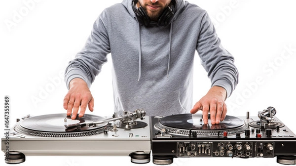 Fototapeta Man with headphones using two turntables