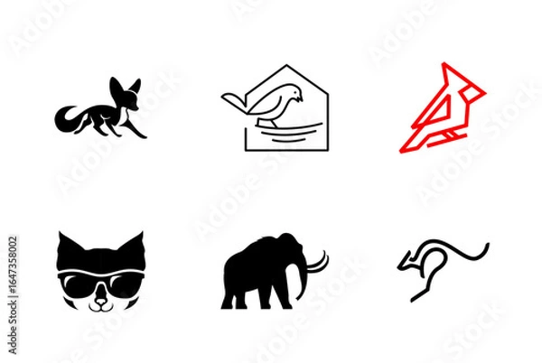 Fototapeta Animal Icon Set with Fox, Bird, Cat, Mammoth, and Kangaroo