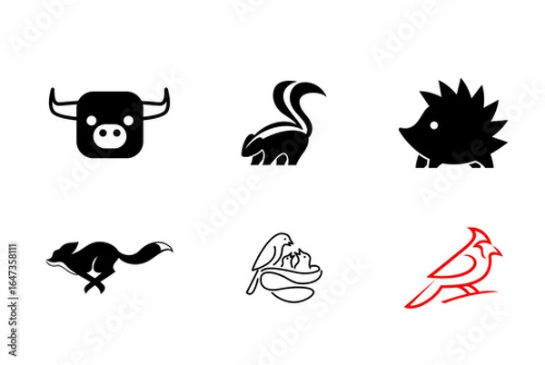 Fototapeta Animals Icon Set Bull, Skunk, Hedgehog, Fox, Bird Nest and Cardinal