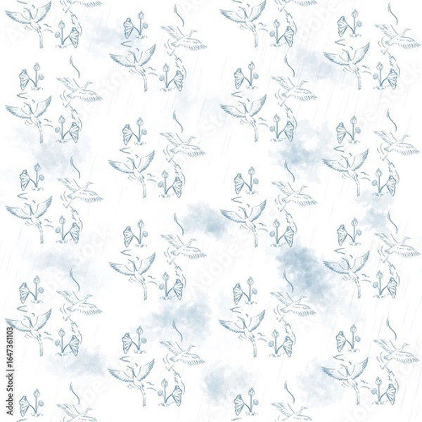 Fototapeta seamless pattern with crane birds, lotus flowers, cloud, and raindrop