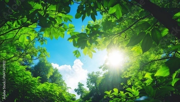 Fototapeta Lush green forest canopy with sunlight shining through the leaves, vibrant nature scene, serene and fresh environment.